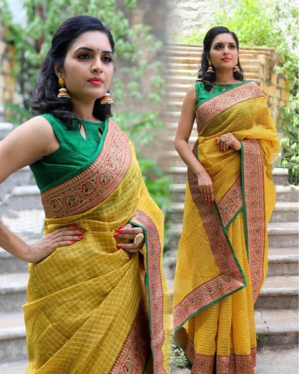 adorable-yellow-color-heavy-cotton-chex-with-jacquard-lace-saree