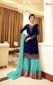 impeccable-blue-color-embroidered-georgette-stone-work-sharara-suit