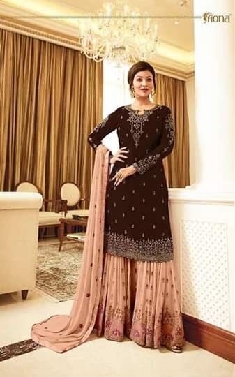 impeccable-brown-color-embroidered-georgette-stone-work-sharara-suit