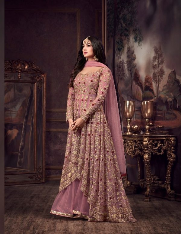 luminous-pink-color-heavy-net-embroidered-stone-work-sharara-suit