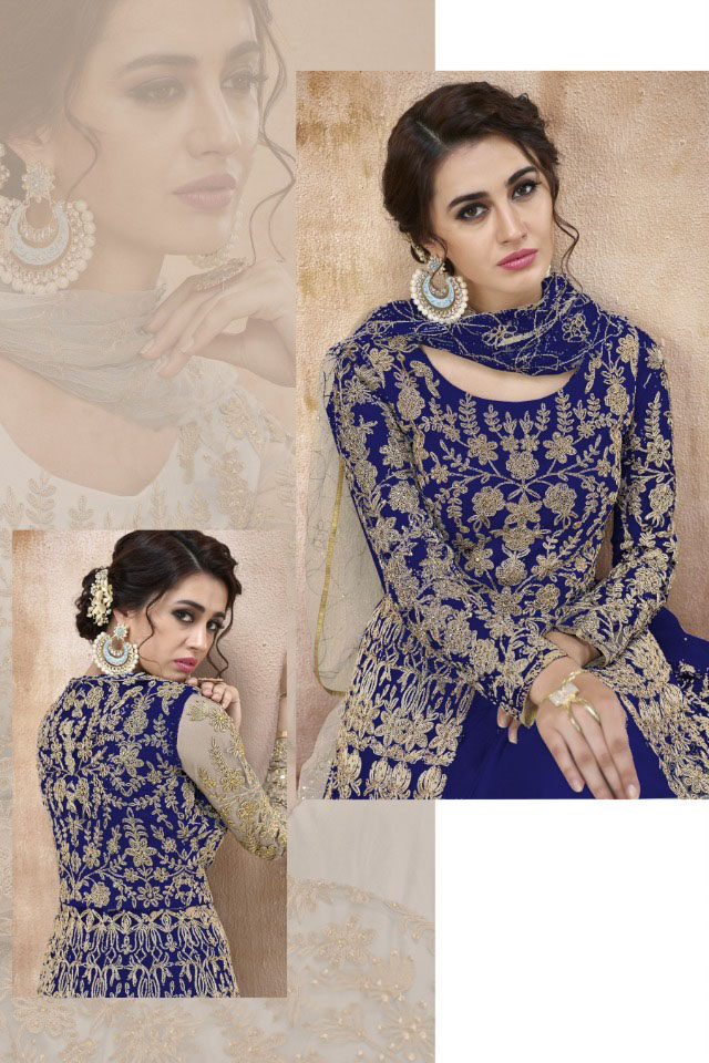 Attractive Blue Color Heavy Cording & Stone Work Wedding Anarkali Suit