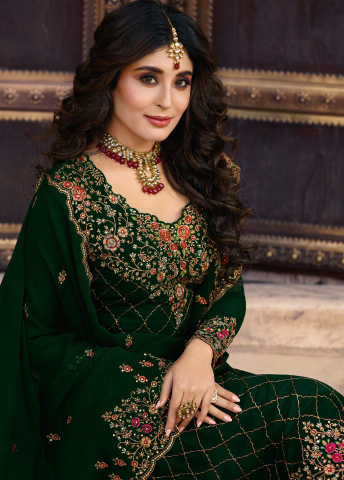 Elegant Green Color Fox Georgette & Embroidery Stone Work Salwar Suit