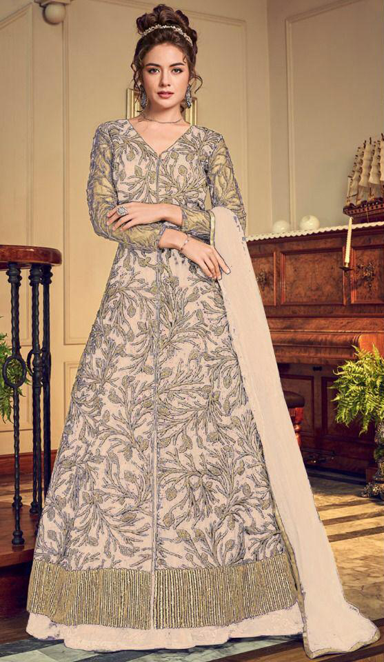 Cream Plain Anarkali Gown With Printed Dupatta