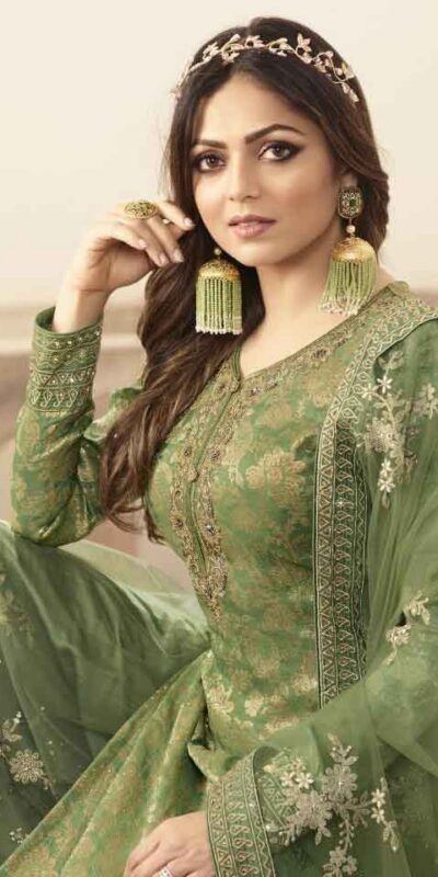 LT 5401 Green Top :- Heavy Jacquard Silk Georgette & Multi Work + Diamond Plazo :- Heavy Net & Multi Work + Diamond Rs 2499/- | Salwar suit, Designer Suits, Casual Suits, Creative suits, Palazzo Suits, Party Wear Suits, Straight Suits