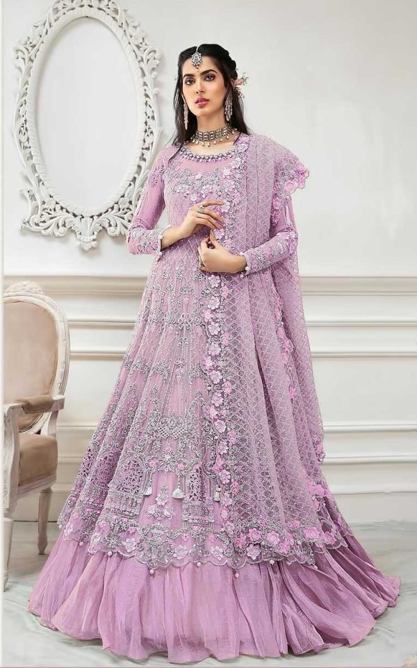 Pleasing Pink Color Butterfly Net With Multi Work Anarkali