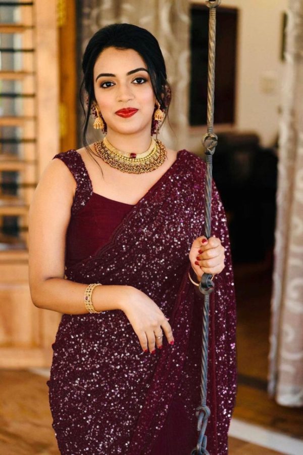 Party Wear Purple Color Georgette Sequence Work Saree For Women's