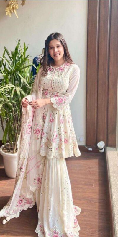 NSR 1238 White Top : Heavy Fox Georgette Sharara : Fox Georgette Work : Heavy Embroidery With Real Mirror Work Wedding, Party @1849 Only | Salwar suit, Designer Suits, Casual Suits, Creative suits, Palazzo Suits, Party Wear Suits, Straight Suits