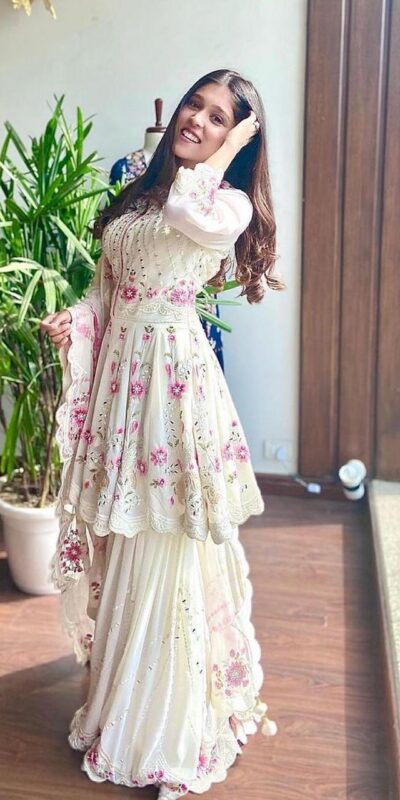 NSR 1238 White Top : Heavy Fox Georgette Sharara : Fox Georgette Work : Heavy Embroidery With Real Mirror Work Wedding, Party @1849 Only | Salwar suit, Designer Suits, Casual Suits, Creative suits, Palazzo Suits, Party Wear Suits, Straight Suits
