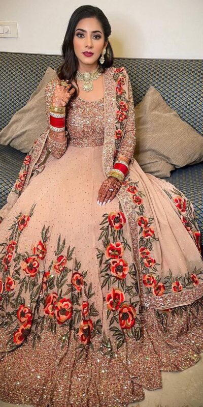 NSR 1251 Orange Gown : Georgette Bottom : Micro Cotton Work : Embroidery Sequences Work With Diamond Wedding, Party, Festive,@1699/- Only | Gowns, Bollywood Gowns, Creative Gowns, Designer Gowns, Embroidered Gowns, Party Wear Gowns, Party Wear Suits