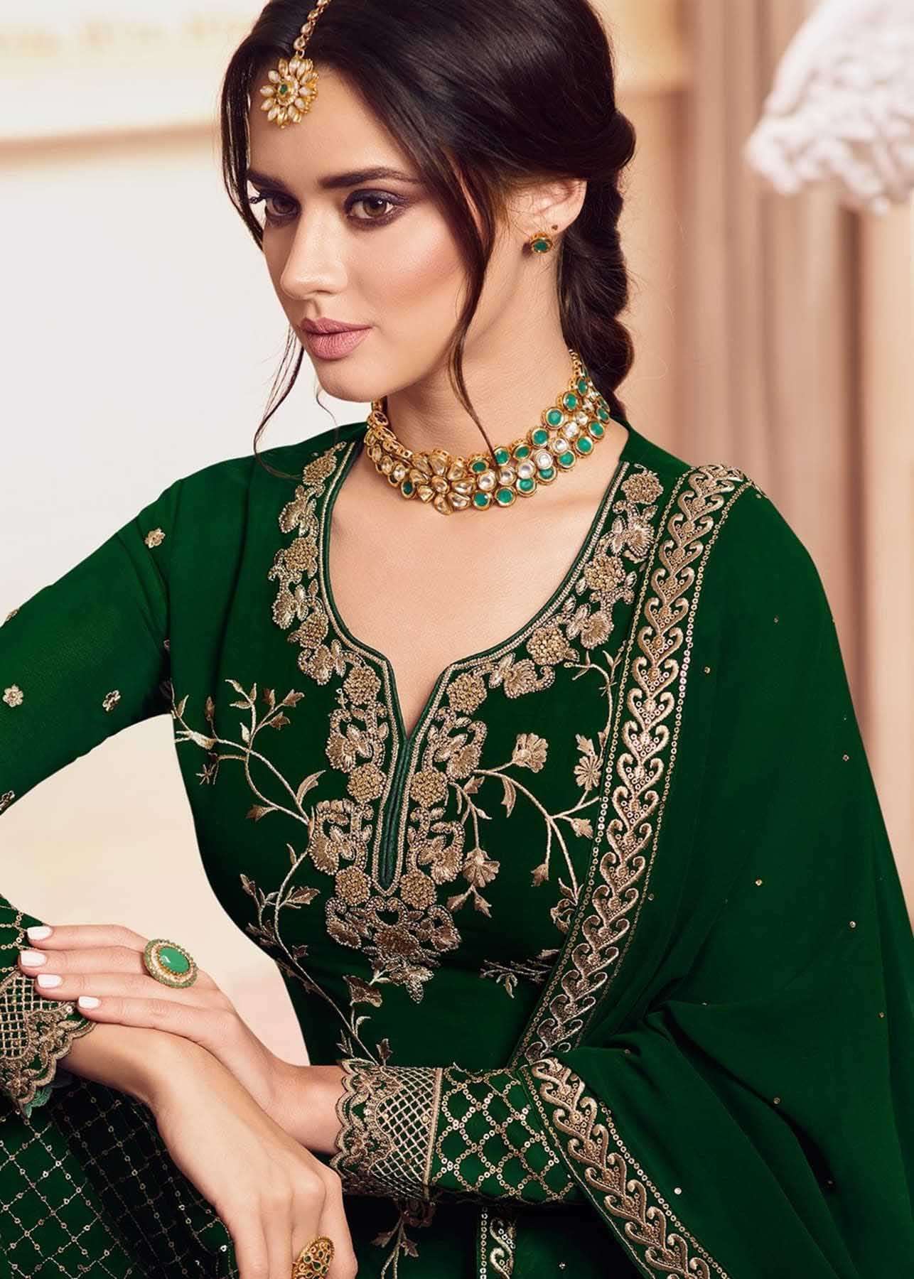 Women's Look Stunning With Designer Green Color Bridal Sharara Suit