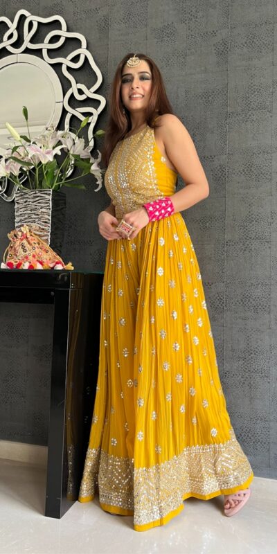 NSR 555 Yellow Jumpsuit : Heavy Faux Georgette Work : Heavy Embroidery With Sequin Work Flair : Each Leg 1.5 M Casual, Party @1699/- | Jump Suits, Salwar suit, Designer Suits, Casual Suits, Creative suits, Palazzo Suits, Party Wear Suits, Straight Suits