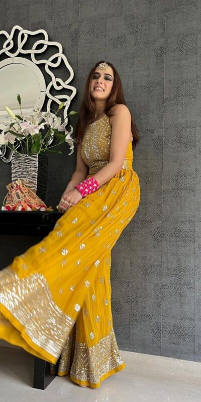 NSR 555 Yellow Jumpsuit : Heavy Faux Georgette Work : Heavy Embroidery With Sequin Work Flair : Each Leg 1.5 M Casual, Party @1699/- | Jump Suits, Salwar suit, Designer Suits, Casual Suits, Creative suits, Palazzo Suits, Party Wear Suits, Straight Suits