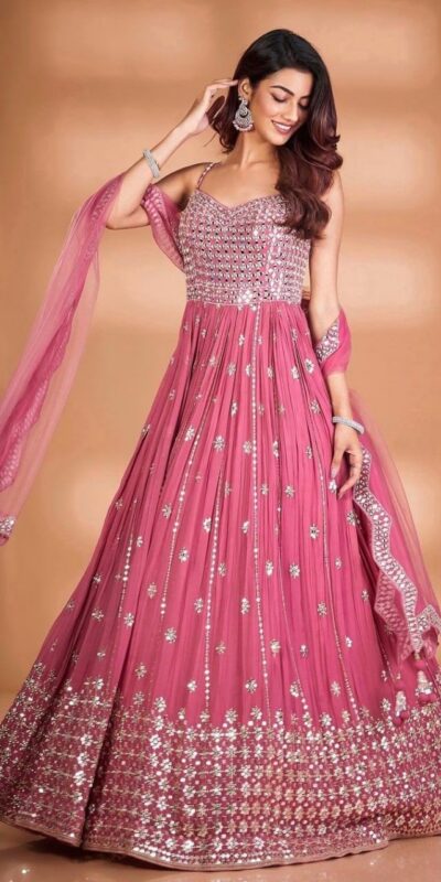 RTC 5416 Pink Gown : Georgette Dupatta : Butterfly Net Work : Embroidery With Heavy Sequence Work Wedding, Party, Festive @1999/- | Gowns, Bollywood Gowns, Creative Gowns, Designer Gowns, Embroidered Gowns, Party Wear Gowns