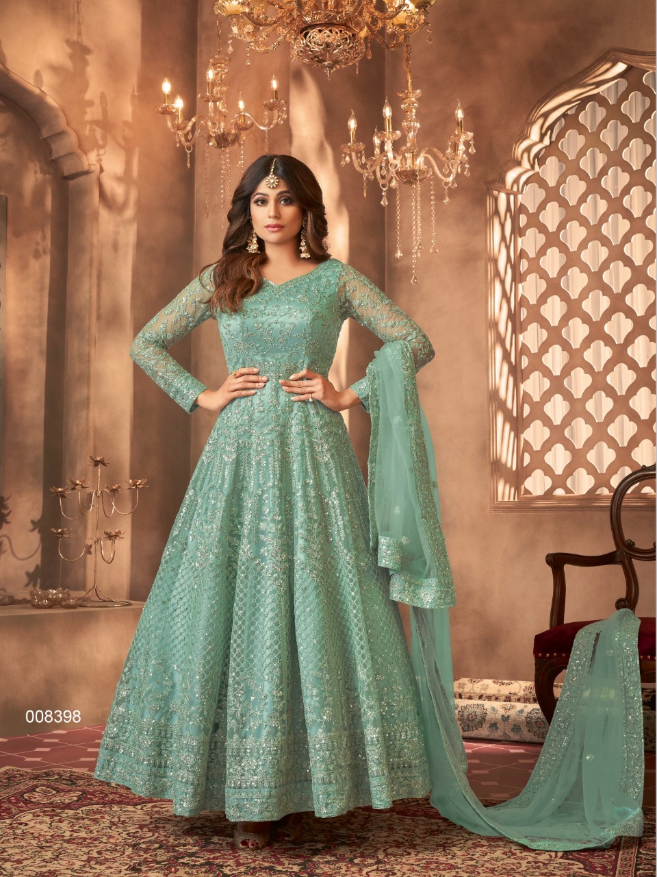 Sky blue and violet pleated gown by The Anarkali Shop | The Secret Label