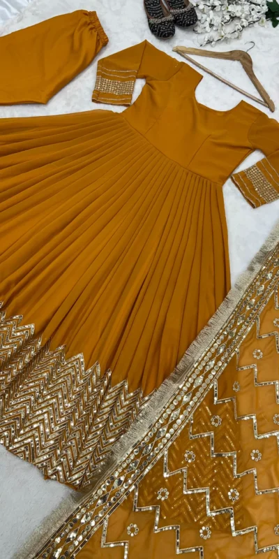 ZSR-3043 Yellow Color Gown : Fox Georgette Work : Embroidery Sequence Work Inner : Micro Cotton Traditional Wear, Wedding, Festive, Events. @2249/- | Gowns, Bollywood Gowns, Creative Gowns, Designer Gowns, Embroidered Gowns, Party Wear Gowns