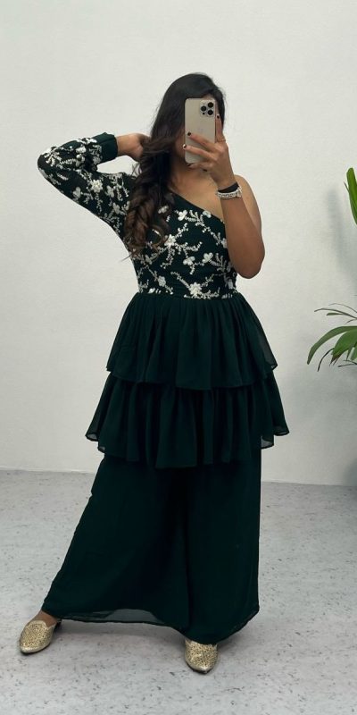 Bombastic Green Color Heavy Georgette Embroidery Sequence Work Plazzo Suit