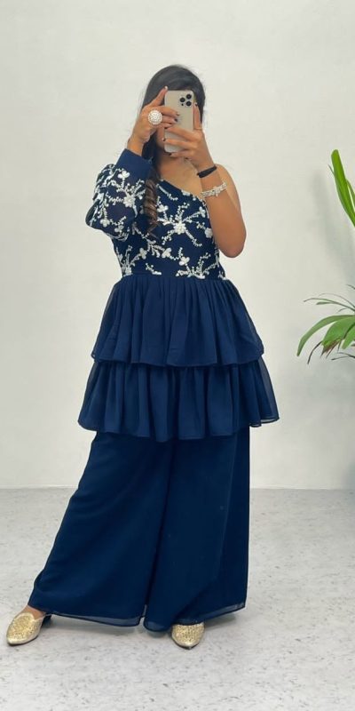 Bombastic Blue Color Heavy Georgette Embroidery Sequence Work Plazzo Suit