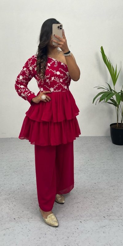 Bombastic Pink Color Heavy Georgette Embroidery Sequence Work Plazzo Suit