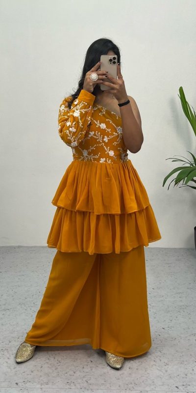 Bombastic Yellow Color Heavy Georgette Embroidery Sequence Work Plazzo Suit