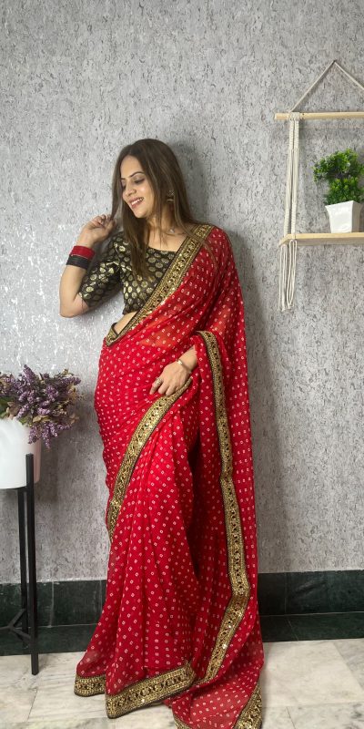 Brilliant Red Color Printed Georgette With Sequence Embroidery Lace Saree