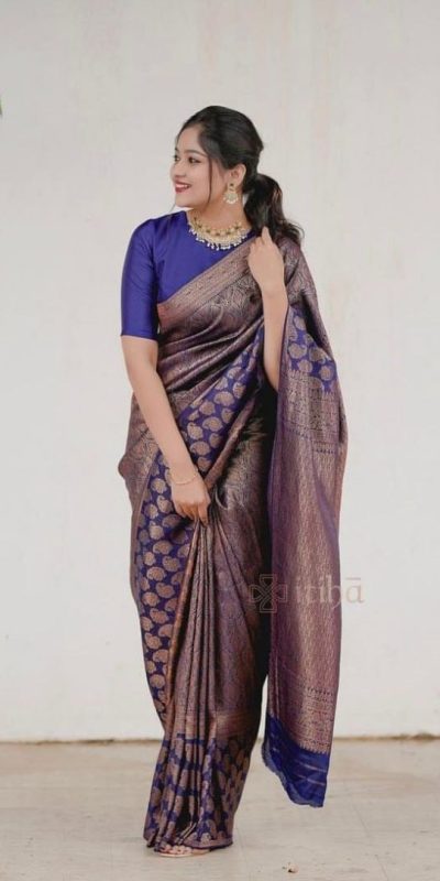 Beautiful Navy Blue Color Soft Lichi Silk With Ordinary Design Saree