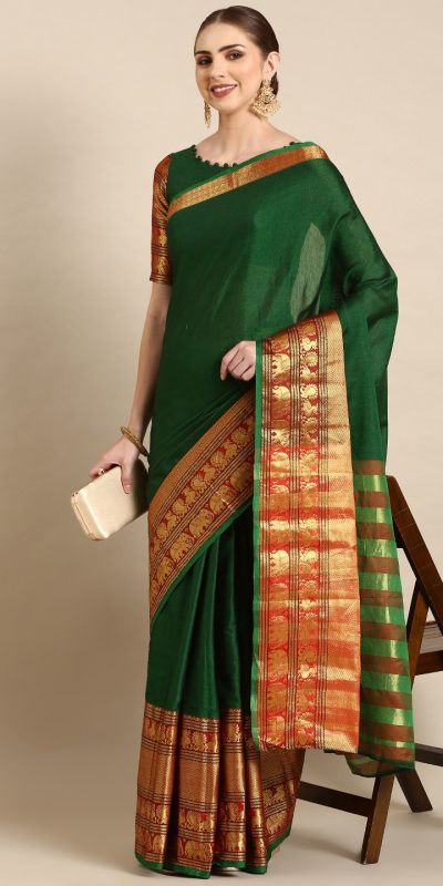 Brilliant Stone Green Color Narayan Pet Zari Weaving Work Saree