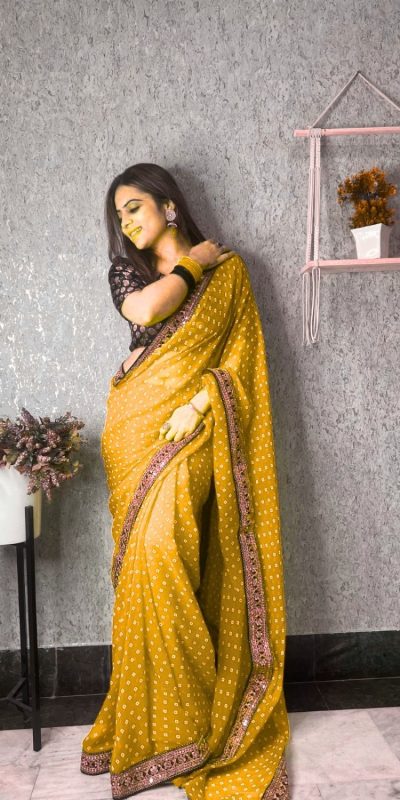 Brilliant Yellow Color Printed Georgette With Sequence Embroidery Lace Saree