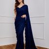 Classic Navy Blue Color Georgette Embroidery Sequins Saree