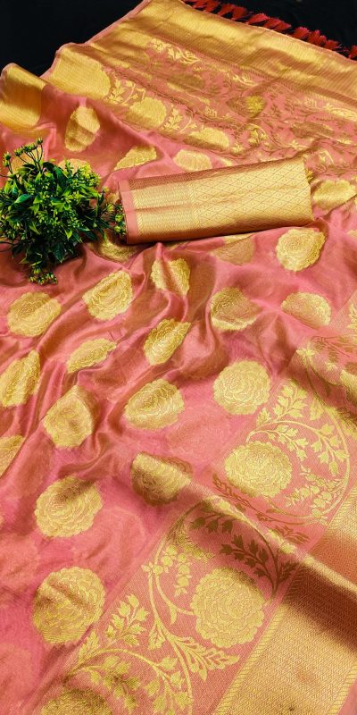 Classic Pink Color Pure Organza Gold Zari Weaving Silk Saree