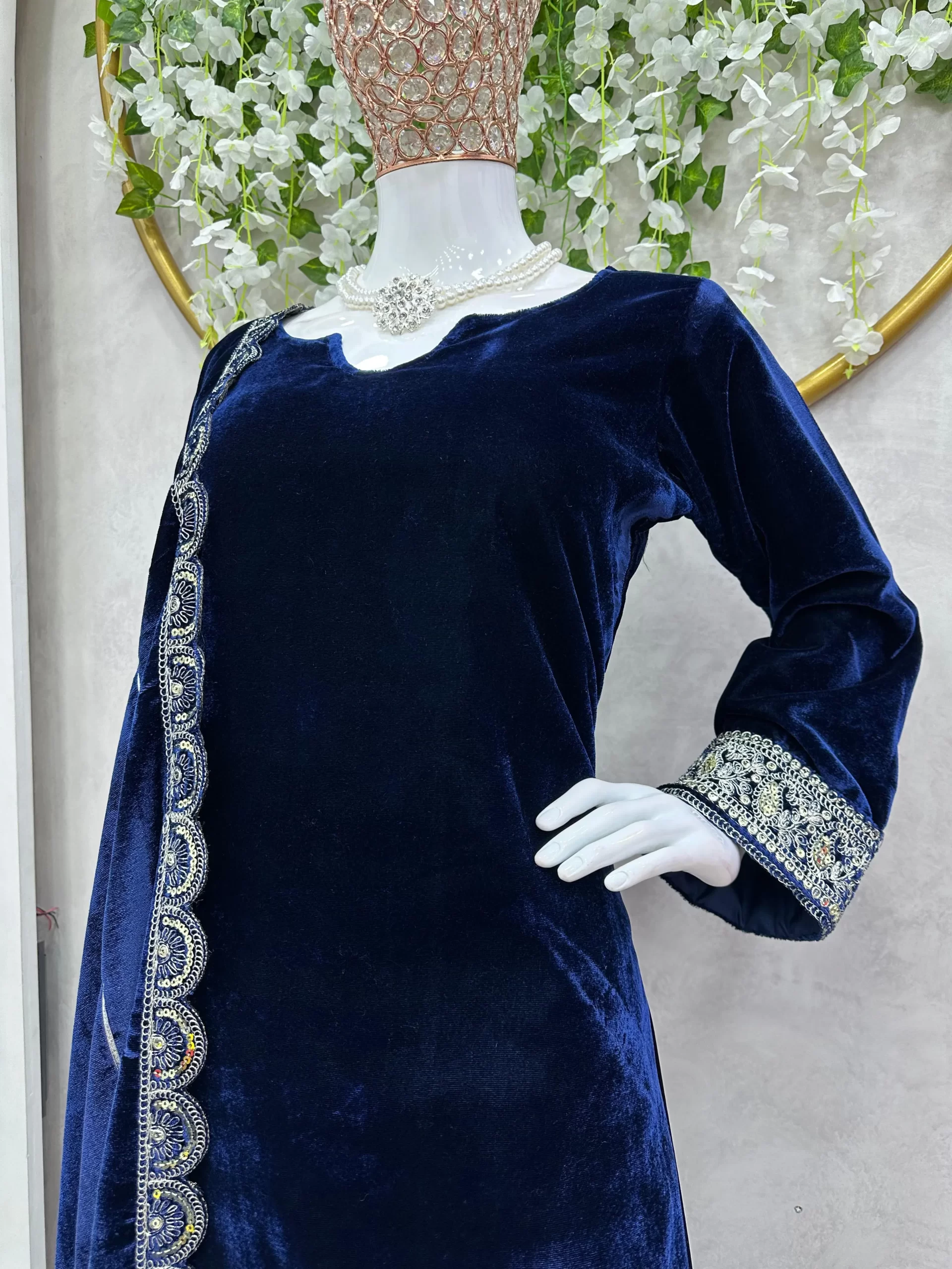 Divine Navy Blue Color Velvet With Cording Dori Work Long Length Gown - Image 3