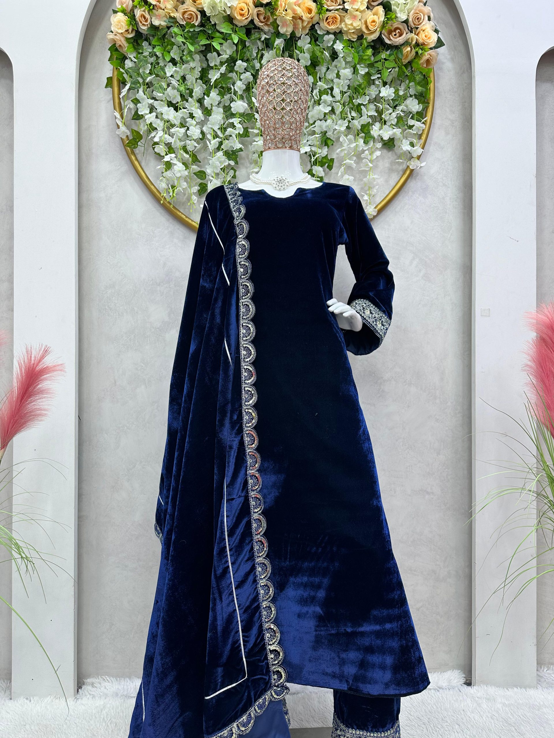 Divine Navy Blue Color Velvet With Cording Dori Work Long Length Gown