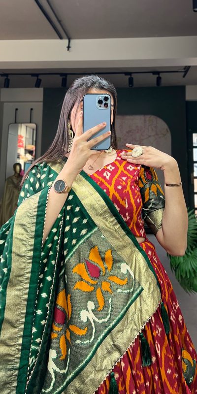 Glamorous Red Color Tussar Silk Drawstring & Printed With Foil Print & Heavy Tassels Lehenga Choli