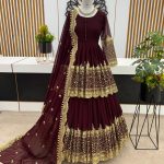 stunning Dark Maroon Color Faux Georgette With Embroidery Sequence Work Lehenga Choli