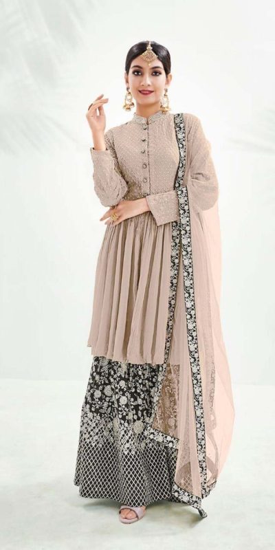 Latest Cream Color Georgette With Embroidery Work Sharara Suit