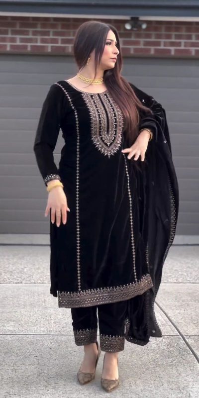 Majestic Black Color Heavy Viscose Velvet With Embroidery Sequence Work Salwar Suit