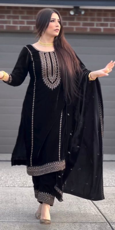 Majestic Black Color Heavy Viscose Velvet With Embroidery Sequence Work Salwar Suit
