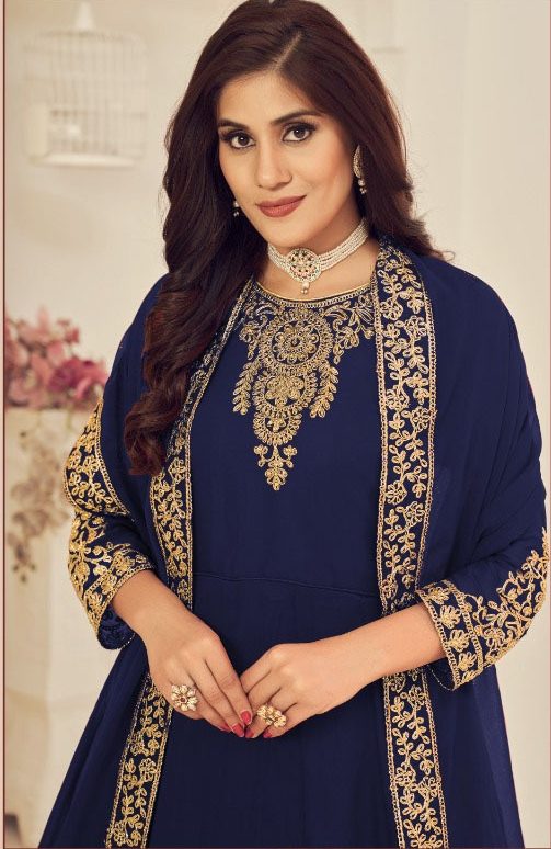 Marvelous Blue Color Georgette Cording Stone Work Anarkali Suit - Image 2