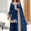 Mesmerizing Royal Blue Color Faux Georgette Embroidery Work Sharara Suit