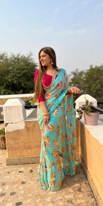 Stylish Blue Color Digital Print Georgette With Ruffle Lace Saree