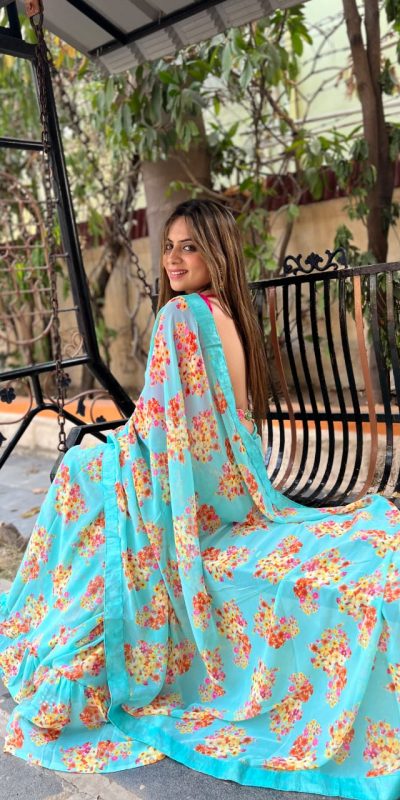 Stylish Blue Color Digital Print Georgette With Ruffle Lace Saree