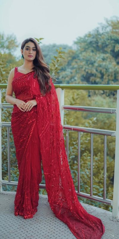 Stylish Red Color Georgette Multi & Sequins Embroidery Work With Lace Border On Saree