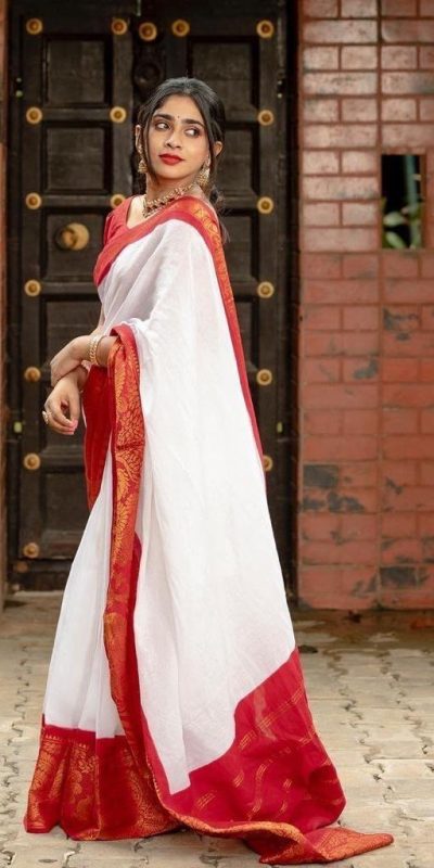 Traditionally White Color Soft Lichi Silk With Ordinary Design Saree