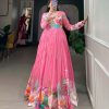 Marvelous Pink Color Tussah Silk Floral Printed Gown