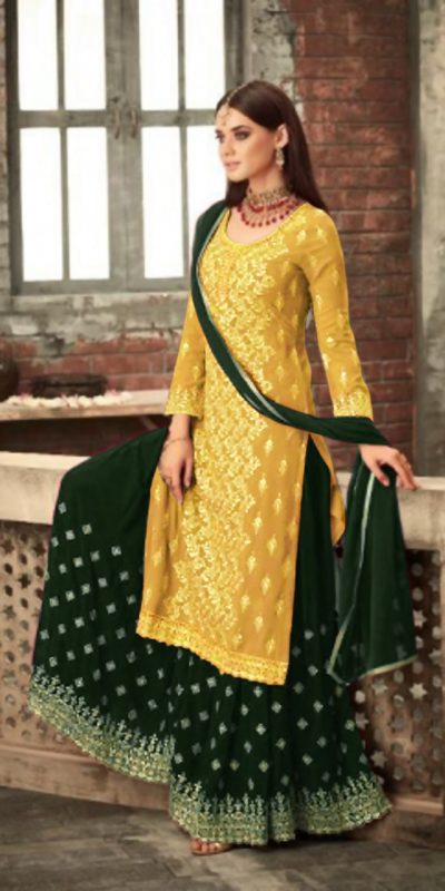 Adorable Yellow & Green Color Party Wear Georgette Sharara Suit