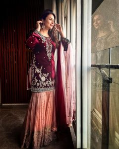Beautiful Designer Maroon Color Heavy Velvet Sharara Suit