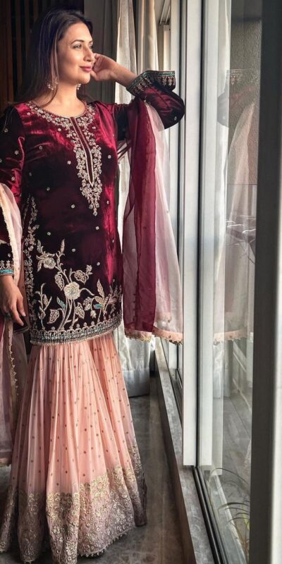 KD 1138 Maroon Top : Heavy Velvet Work : Thread Work Wedding, Party, Festive, Events Etc. Thread Work Sharara @2049 | Salwar suit, Designer Suits, Casual Suits, Creative suits, Palazzo Suits, Party Wear Suits, Straight Suits