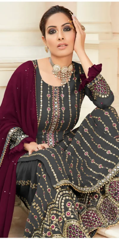 FC 9704 Black Wine Top : Georgette Work : Embroidery Work, Mirror Work Wedding, Festive, Events Black Georgette Embroidered Sharara @2099 | Salwar suit, Designer Suits, Casual Suits, Creative suits, Palazzo Suits, Party Wear Suits, Straight Suits
