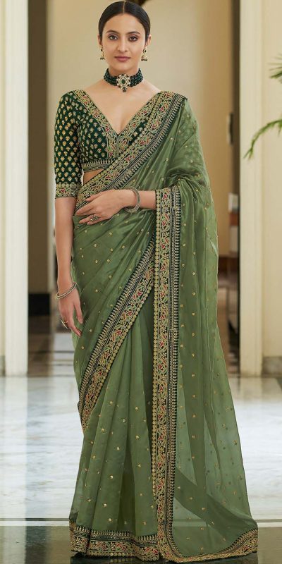 Dazzling Green Color Heavy Border Vichitra Silk Wedding Saree