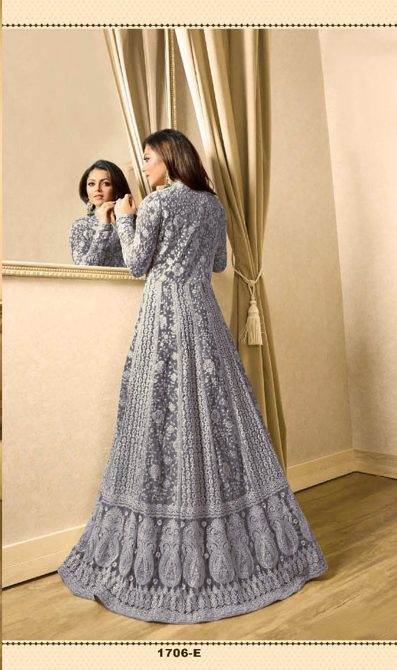 LT 1706 GreyColor: GreyFabrics: Top Fabric :Georgette Bottom Fabric : Santoon Dupatta Fabric : NazmeenStitch Type: Semi-Sttiched | Anarkali Suits, Bollywood Anarkali, Creative-Anarkali, Designer Anarkali, Embroidered Anarkali, Party Wear Anarkali