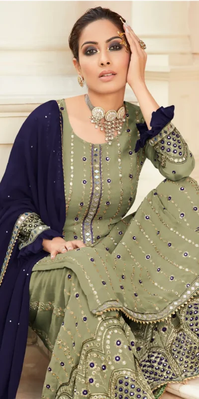 FC 9704 Green Blue Top : Georgette Work : Embroidery Work, Mirror Work Wedding, Festive, Events Black Georgette Embroidered Sharara @2099 | Salwar suit, Designer Suits, Casual Suits, Creative suits, Palazzo Suits, Party Wear Suits, Straight Suits
